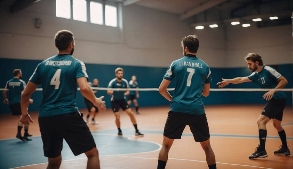 A handball court with players executing beginner and advanced tactical maneuvers