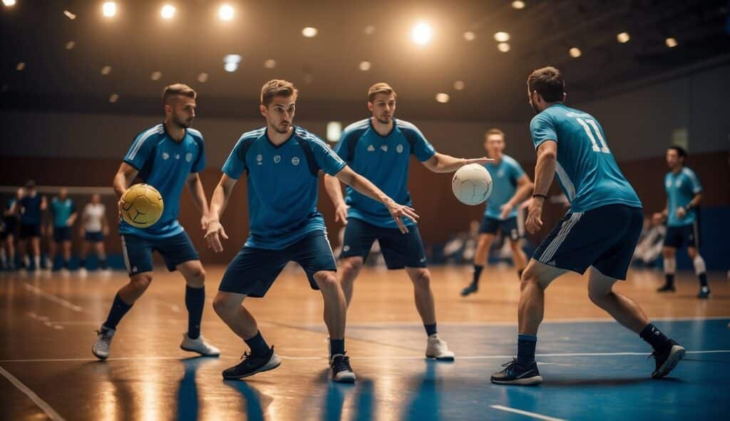 Players executing handball tactics to avoid errors and injuries, for beginners and advanced levels